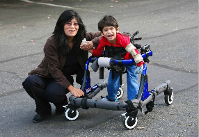 mom and child in walker in public